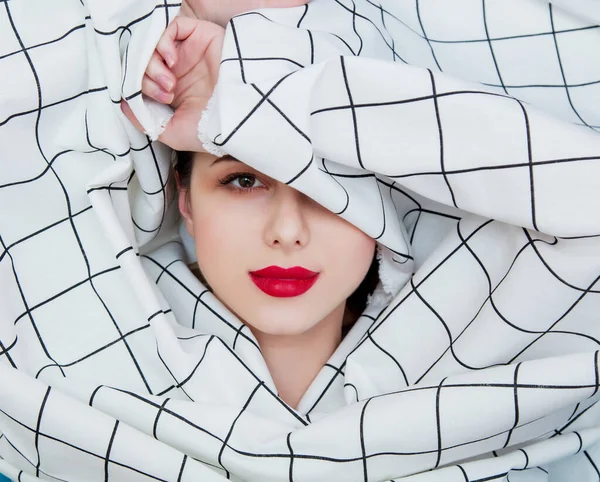 Portrait Young Girl Red Lipstick Shrouded Checkered Fabric — Foto Stock