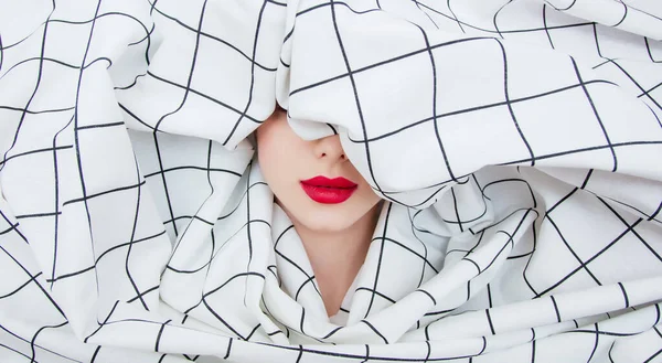Portrait Young Girl Red Lipstick Shrouded Checkered Fabric — Stock Photo, Image