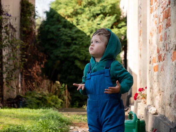 Μικρό Αγόρι Φόρμες Παίζουν Στον Κήπο — Φωτογραφία Αρχείου