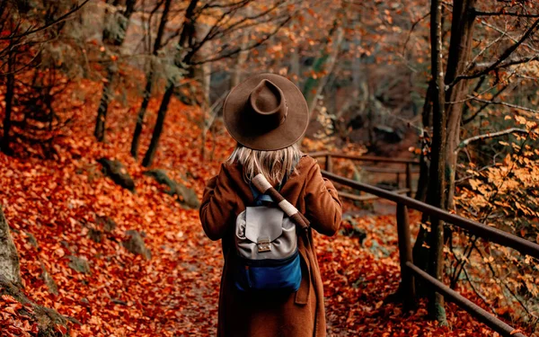 Junge Frau Mit Hut Einem Park Der Herbstsaison — Stockfoto