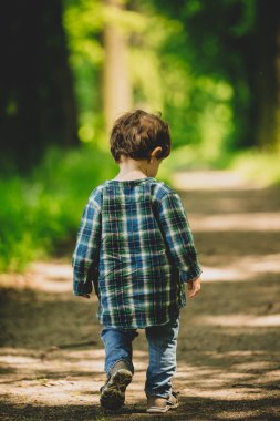 küçük yürümeye başlayan çocuk ormanda bir patika üzerinde duruyor