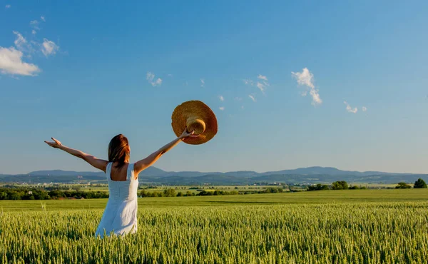 Muchacha Sombrero Campo Trigo Verde Montañas Fondo — Foto de Stock