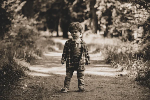 Μικρό Αγοράκι Στέκεται Ένα Μονοπάτι Στο Δάσος — Φωτογραφία Αρχείου