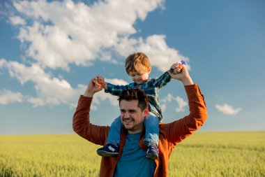 Küçük çocuk yeşil buğday tarlasında babasının omuzlarında oturuyor.