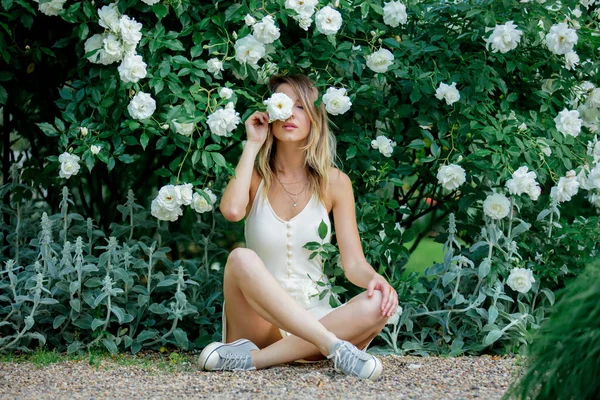 Styl Kobieta Pobliżu Białych Róż Grarden Czasie Wiosny — Zdjęcie stockowe