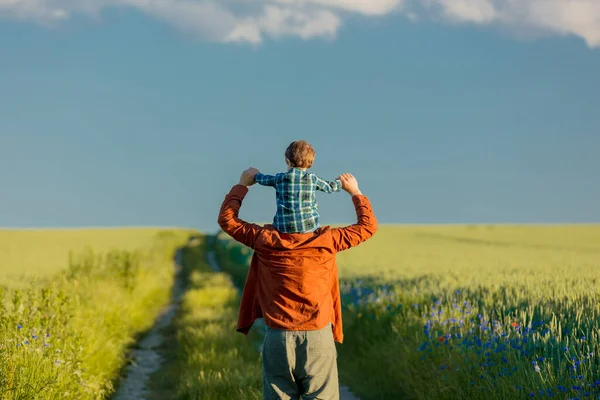 Niño Sienta Sobre Los Hombros Padre Camino Rural Entre Los — Foto de Stock