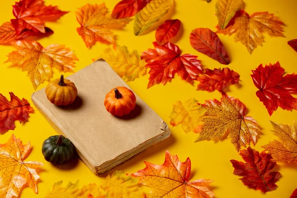 Romantisch Boek Pompoen Met Herfstbladeren Gele Achtergrond Bovenaanzicht — Stockfoto