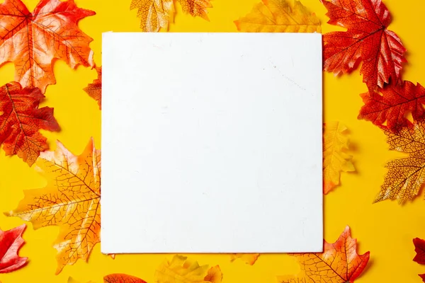 Romantic Mockup Background Autumn Leaves Yellow Background — Stock Photo, Image