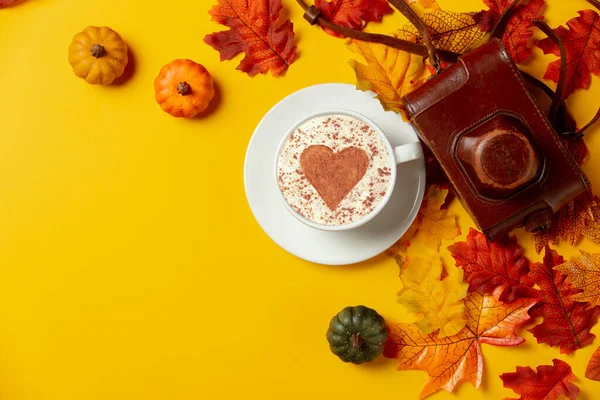 Romantic Cup Coffee Vintage Camera Autumn Leaves Yellow Background Top — Stock Photo, Image