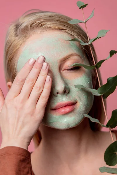 Beautiful Blond Girl Green Mask Eucalyptus Branch — Stock Photo, Image