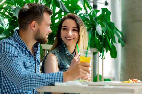 Young Couple Sits Cafe Have Breakfast Juice — Stock Photo, Image