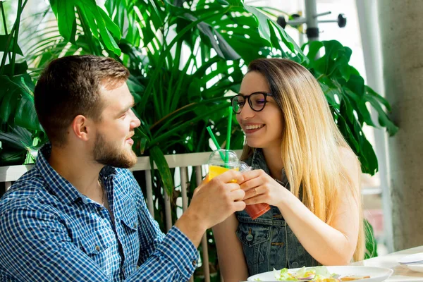 Young Couple Sits Cafe Have Breakfast Juice — Stock Photo, Image