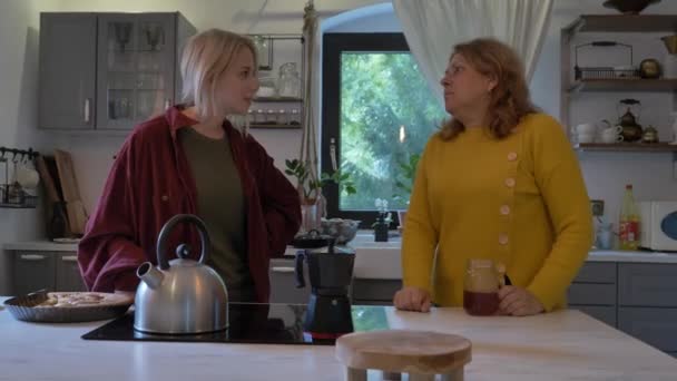 家のキッチンで話している女性との本当の義理の母 — ストック動画