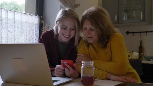 岳母和一个女人在厨房的笔记本电脑上上网 — 图库视频影像