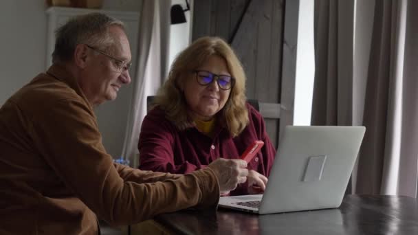 Two Elderly People Surfing Internet Laptop Computer Home Video — Stock Video