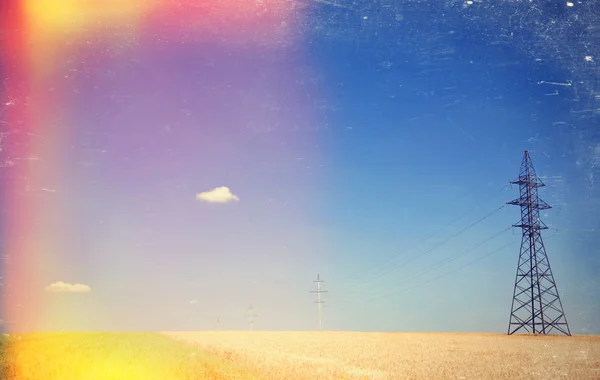 Elektrik direkleri mavi gökyüzü ve buğday fiel Panoraması üzerinde net — Stok fotoğraf
