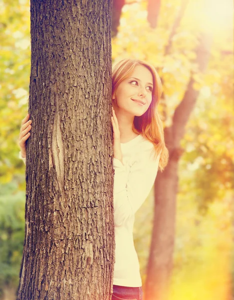 Őszi park a vörös hajú lány portréja. — Stock Fotó