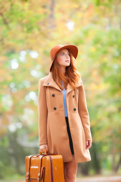 Ragazza rossa con valigia nel parco autunnale . — Foto Stock