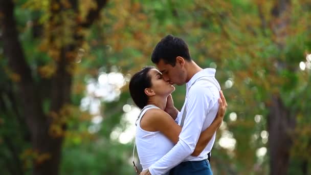 Adolescente casal com bicicleta retro beijando no parque no outono — Vídeo de Stock