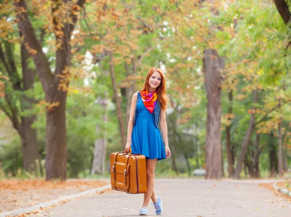 Mooi roodharig meisje met koffer in het park. — Stockfoto