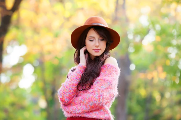 Brunette meisje in roze trui in de herfst park. — Stockfoto