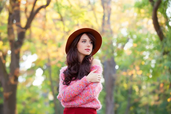 Brunette meisje in roze trui in de herfst park. — Stockfoto