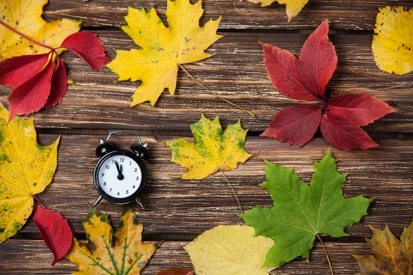 Jesienią liście oraz budzik na drewnianym stole. — Zdjęcie stockowe