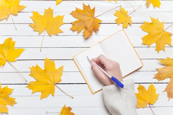 Mano femminile che scrive qualcosa sul taccuino — Foto Stock