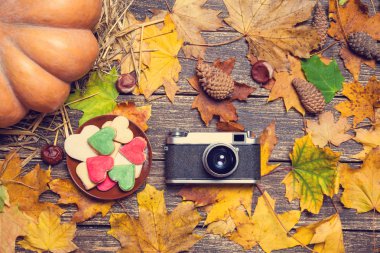 Vintage fotoğraf makinesi ve sonbahar masada kurabiye.