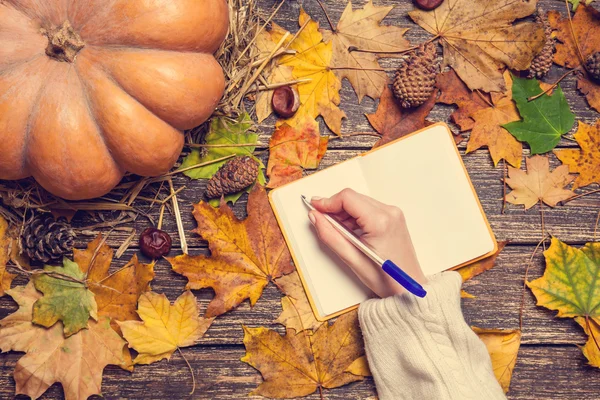 Vrouwelijke hand wrinig iets in notitieblok op herfst achtergrond. — Stockfoto
