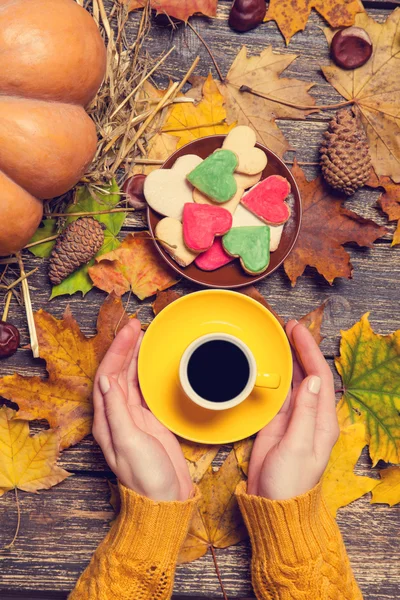 Taza femenina de café cerca de las galletas en el fondo de otoño . — Foto de Stock