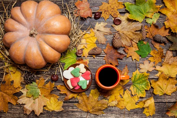 Copa de galletas de café y forma de corazón en el fondo de otoño . — Foto de Stock