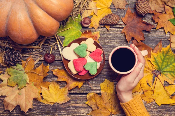 Female holding cup of coffee near cookies on autumn background. — Stock Photo, Image