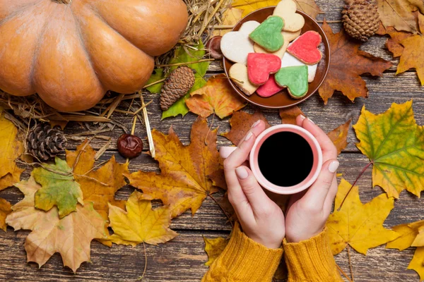 Female holding cup of coffee near cookies on autumn background. — Stock Photo, Image