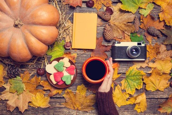 Female hand holding cup of coffee near notebook and camera on au — Stock Photo, Image