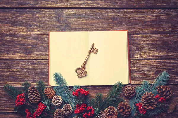 Livre rétro et clé près des branches de pin sur une table . — Photo