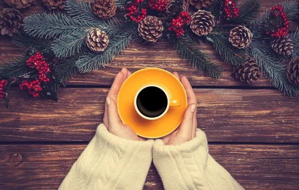 Meisje houden kopje koffie in de buurt van pijnboomtakken — Stockfoto