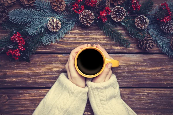 Flicka håller kopp kaffe nära Pine grenar — Stockfoto