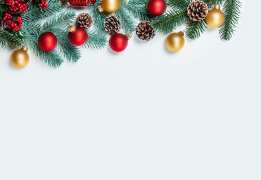 Beyaz arka plan üzerinde Noel oyuncak ile çam dalı.