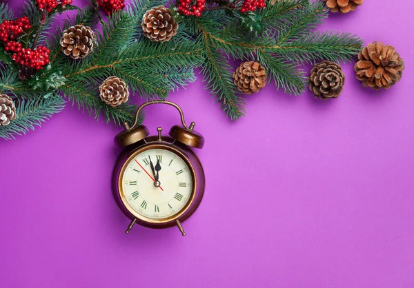 Alarm clock with pine branch on violet background. — Stock Photo, Image