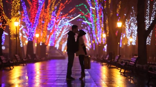 Couple with suitcase kissing at night alley — Stock Video