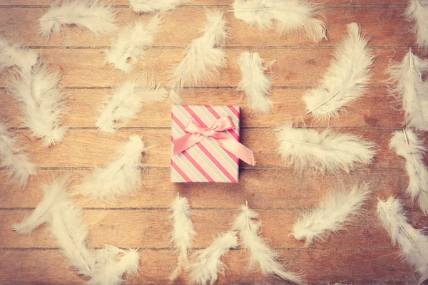 Caja de regalo y plumas — Foto de Stock