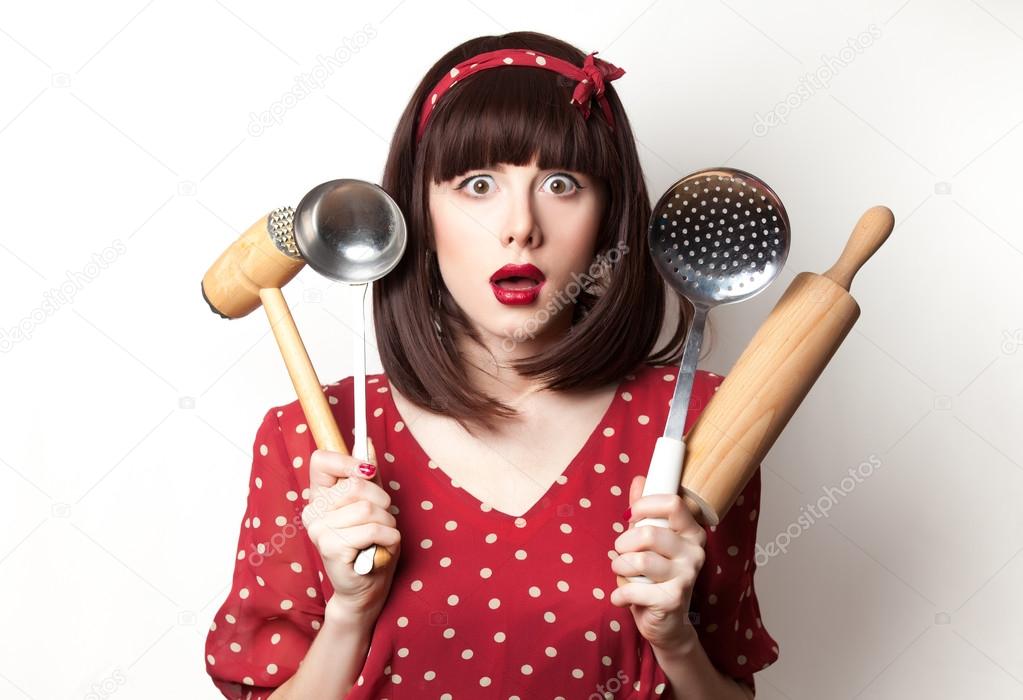 housewife red dress with rolling pin 