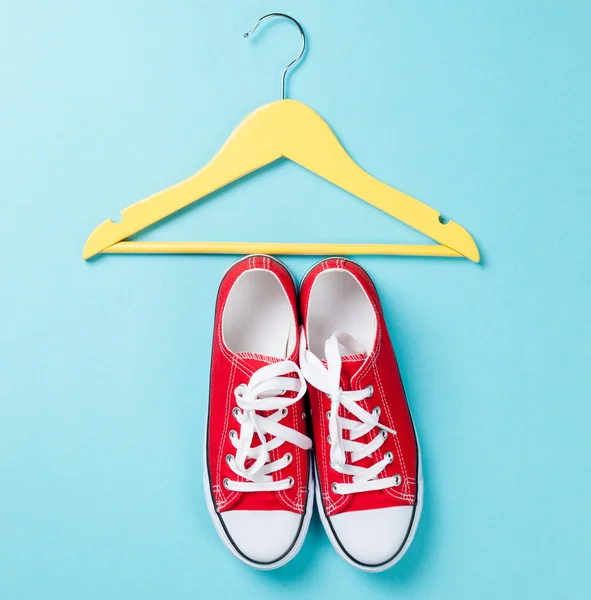 Gumshoes with white shoelaces and hanger — Stock Photo, Image