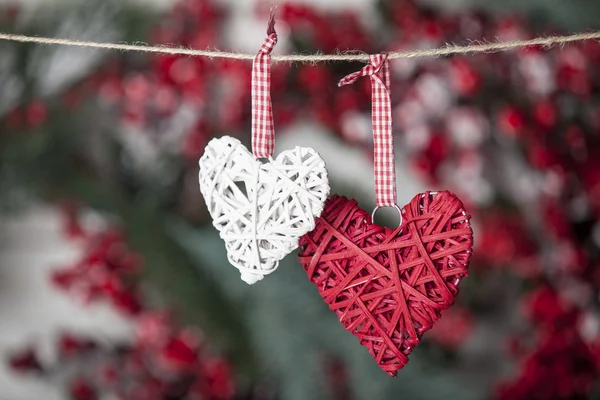 İki kalp oyuncaklar halata — Stok fotoğraf
