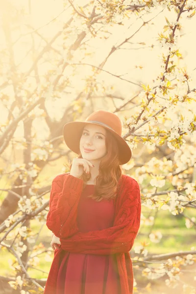 Kvinna i blossom apple träd trädgård — Stockfoto