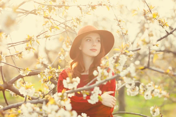 Mulher em flor macieira jardim — Fotografia de Stock