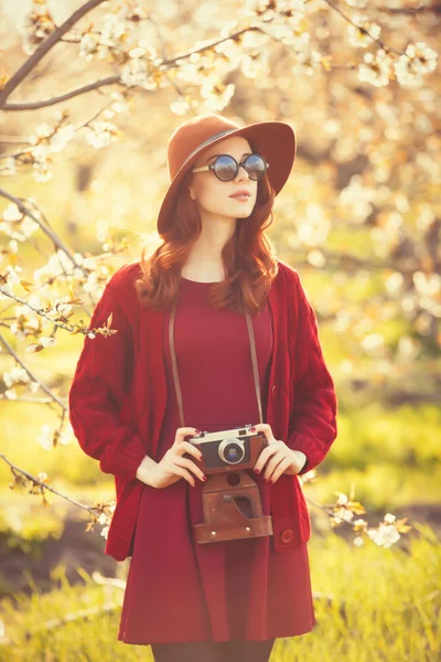 Woman with camera in apple tree garden — Stock Photo, Image