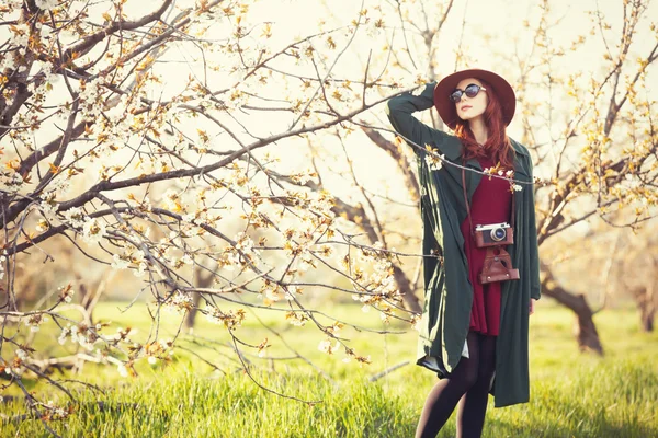 Mulher com câmera no jardim da árvore da maçã — Fotografia de Stock