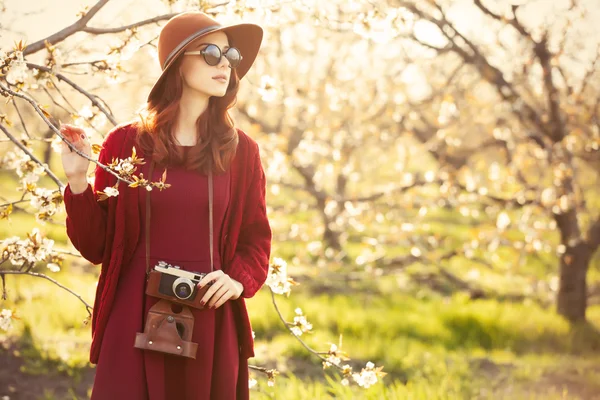 Mujer con cámara en el jardín del manzano —  Fotos de Stock